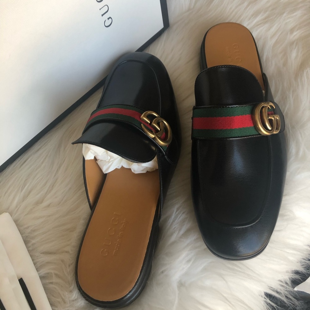 Gucci Men’s Black Leather Slip On Sandal with Web GG Logo 469891 1060